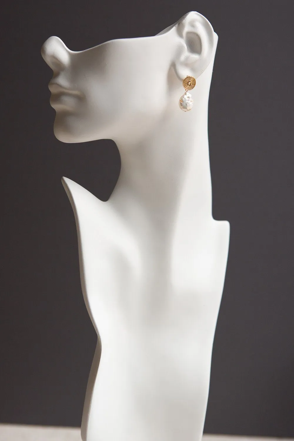 Gold Braid Disc Baroque Pearl Drop Earrings