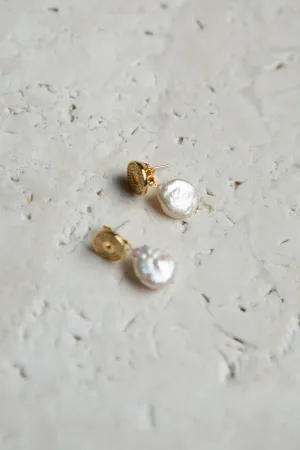 Gold Braid Disc Baroque Pearl Drop Earrings