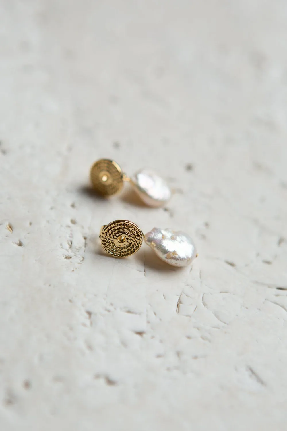 Gold Braid Disc Baroque Pearl Drop Earrings