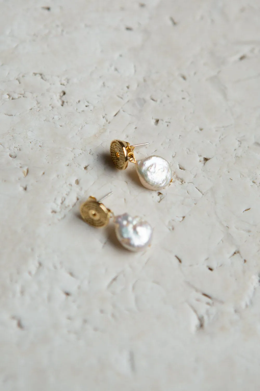 Gold Braid Disc Baroque Pearl Drop Earrings