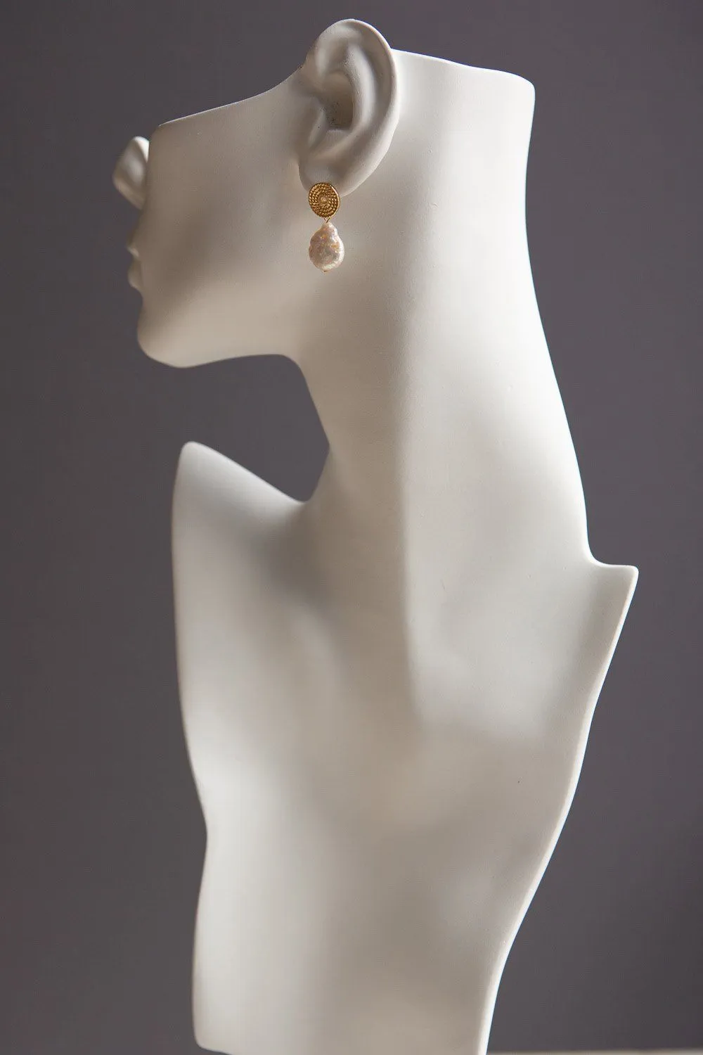 Gold Braid Disc Baroque Pearl Drop Earrings