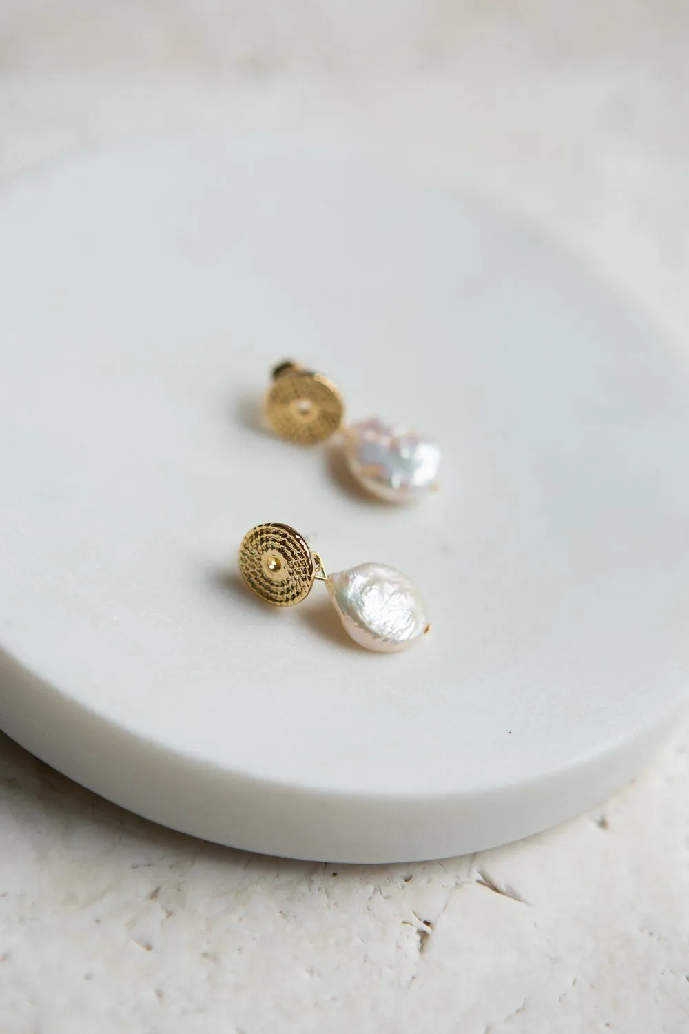 Gold Braid Disc Baroque Pearl Drop Earrings