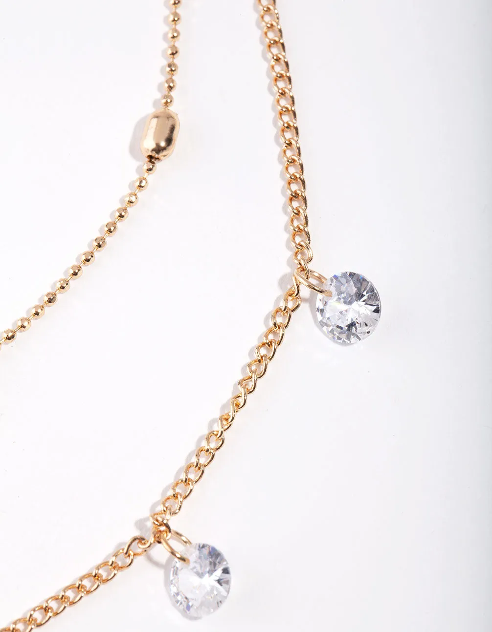 Gold Cubic Zirconia Droplet 2 Row Necklace