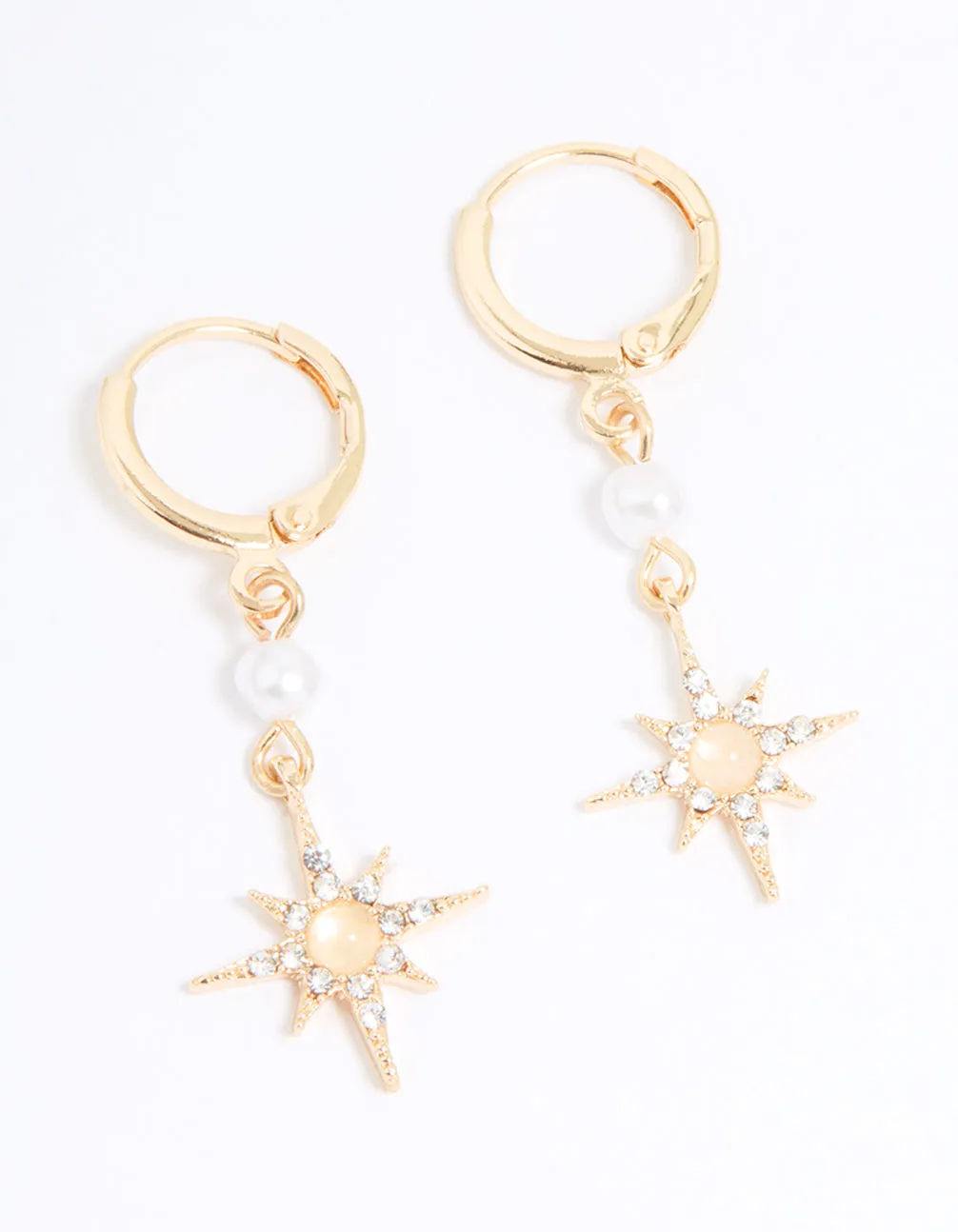 Gold Diamante & Pearl Star Drop Huggie Earrings