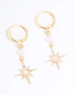 Gold Diamante & Pearl Star Drop Huggie Earrings
