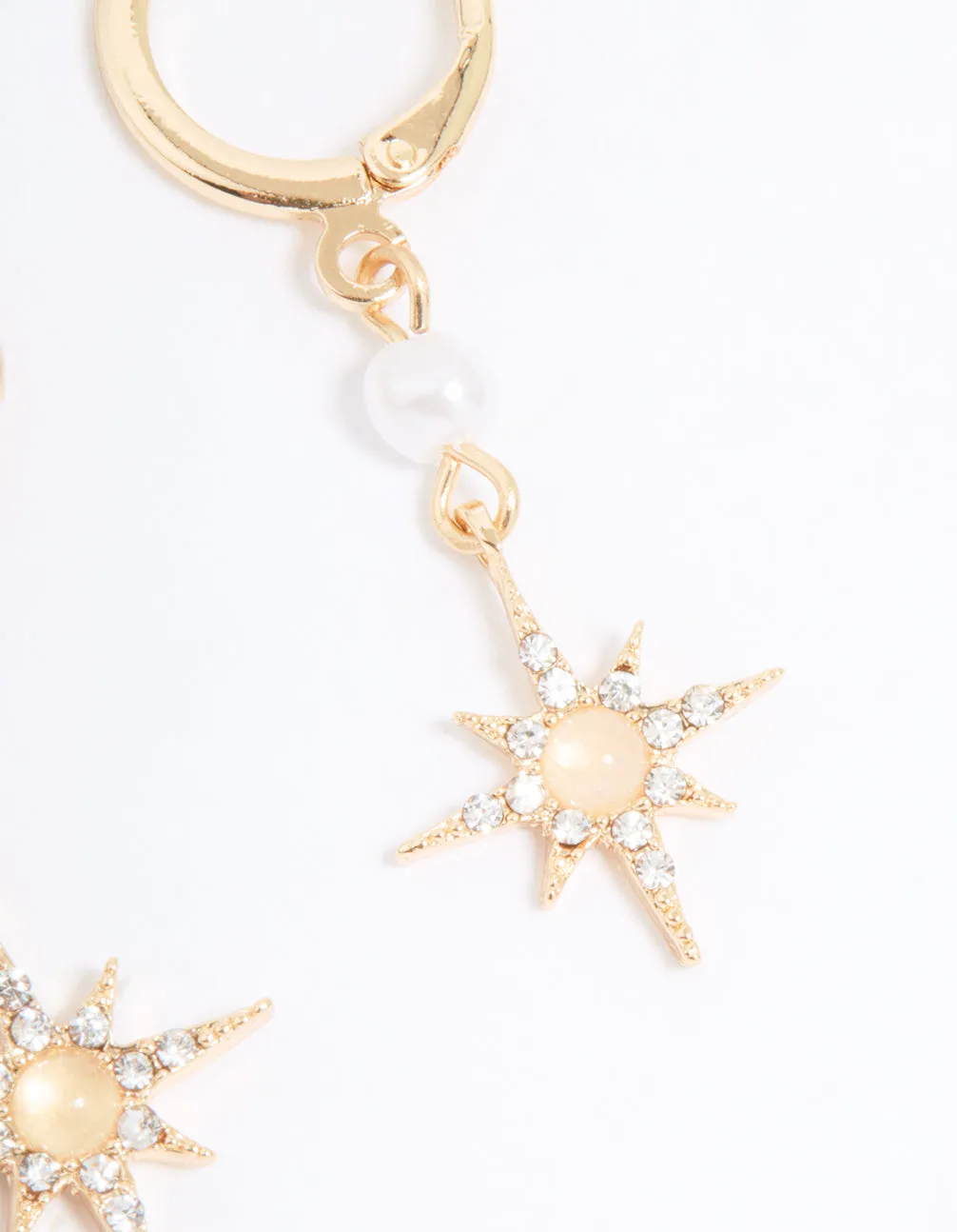 Gold Diamante & Pearl Star Drop Huggie Earrings