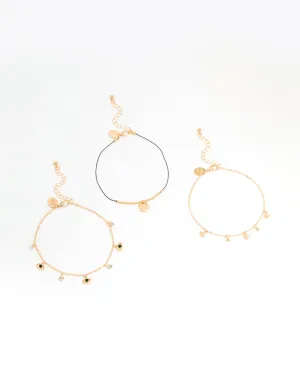 Gold Evil Eye & Coin Chain Anklets 3-Pack