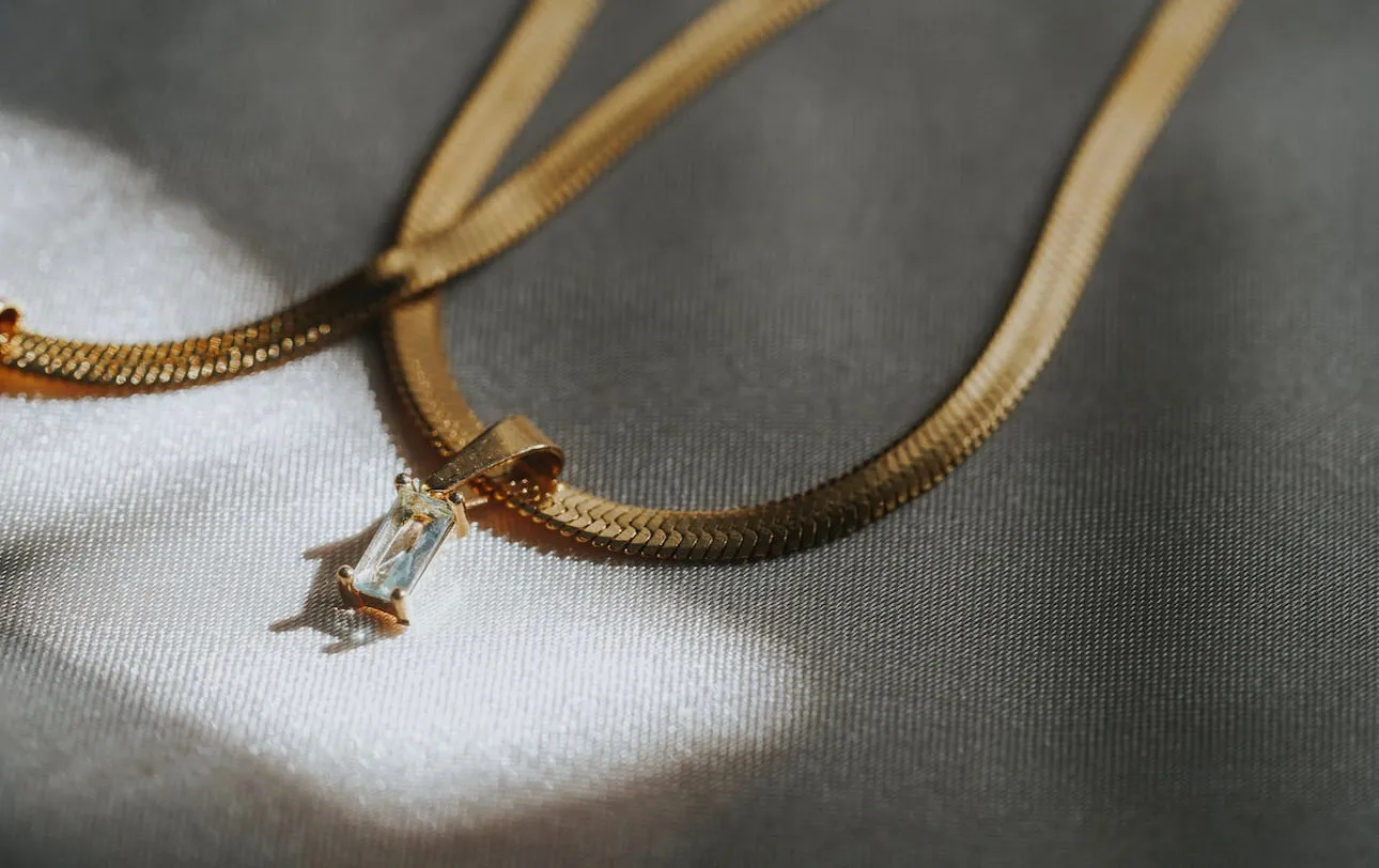 Gold Herringbone Necklace with CZ Stone  Necklace