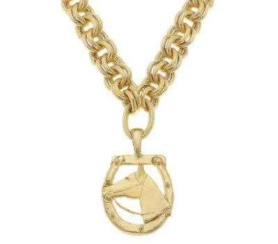 Gold Horseshoe with Horse Head Necklace