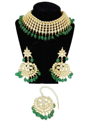 Gold Kundan Choker Necklace Set Dangling Green Beads with Maangtikka and Earrings