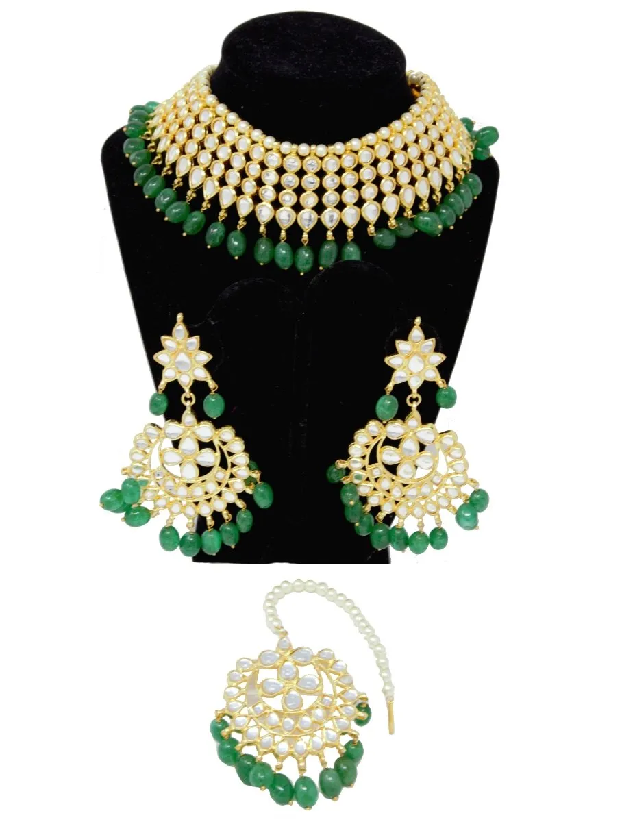 Gold Kundan Choker Necklace Set Dangling Green Beads with Maangtikka and Earrings