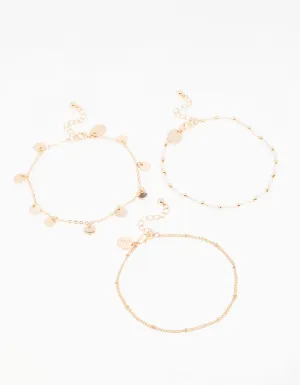 Gold Pearl Disc & Twisted Anklets 3-Pack