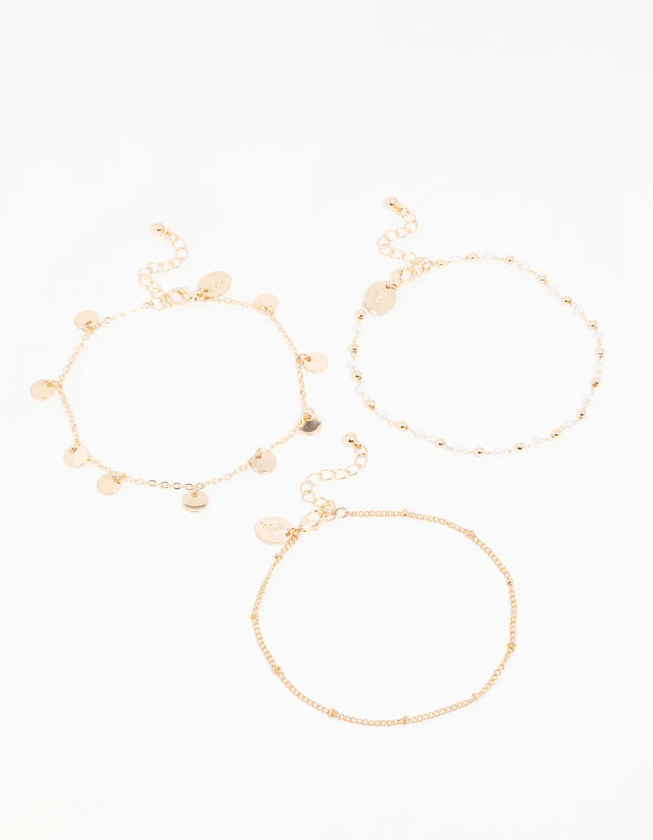 Gold Pearl Disc & Twisted Anklets 3-Pack