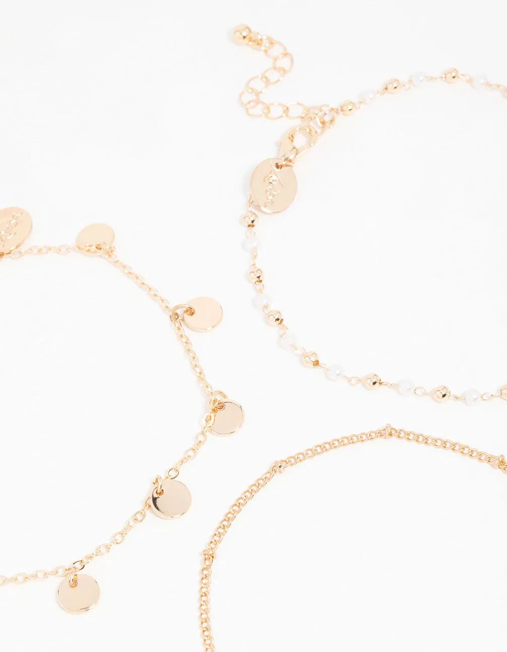 Gold Pearl Disc & Twisted Anklets 3-Pack