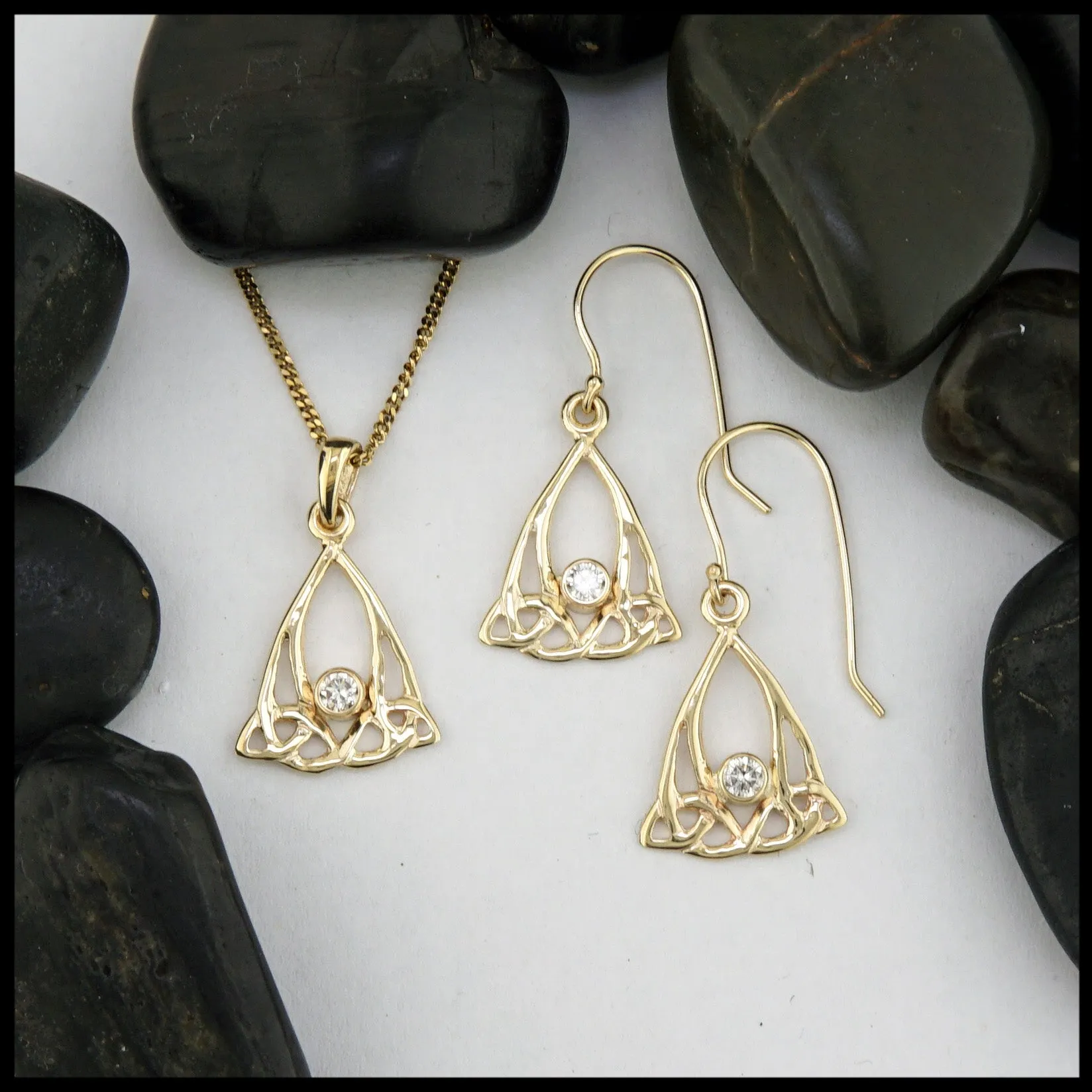 Gold Trinity Knot Pendant and Earring Set with Diamond