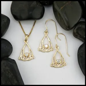 Gold Trinity Knot Pendant and Earring Set with Diamond