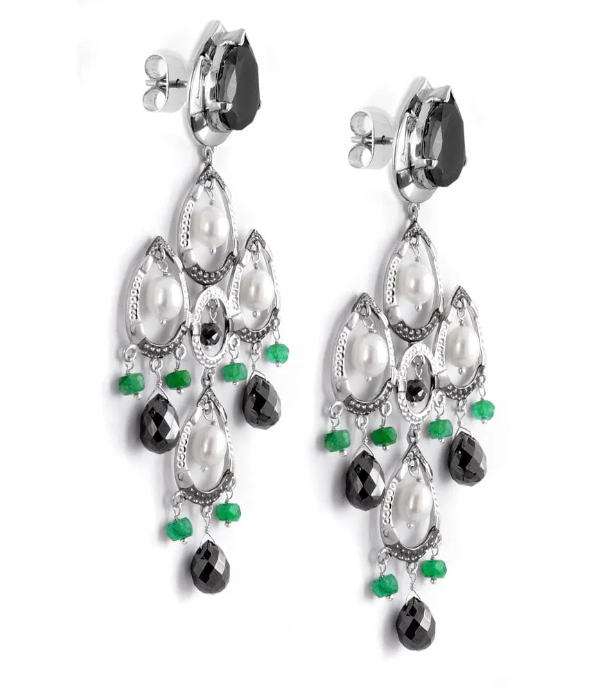 Gorgeous Black Diamond Chandelier Earring in 2 Tone Finish With Emerald Beads, Beautiful Design with Great Sparkle.