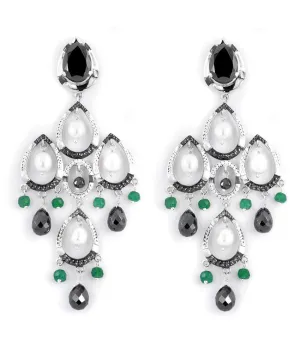 Gorgeous Black Diamond Chandelier Earring in 2 Tone Finish With Emerald Beads, Beautiful Design with Great Sparkle.