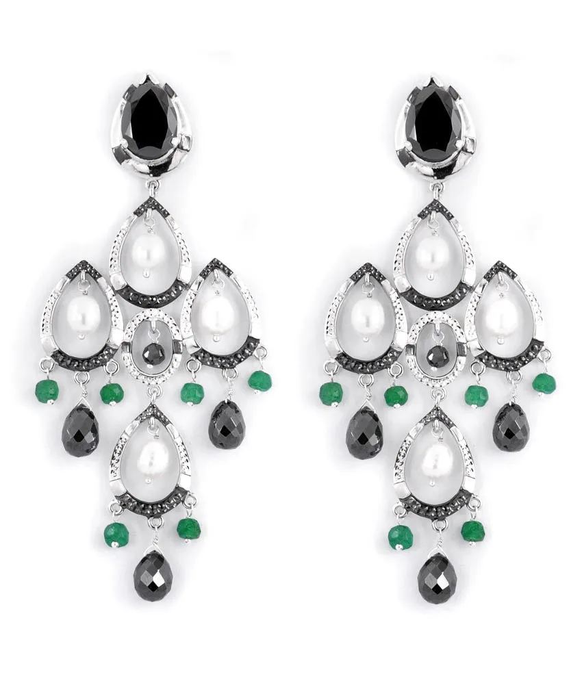 Gorgeous Black Diamond Chandelier Earring in 2 Tone Finish With Emerald Beads, Beautiful Design with Great Sparkle.