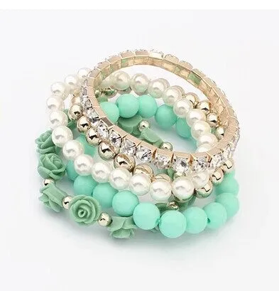 GR Jewelry Simulated-Pearl Bracelets Mix Beads Flower Pendants Stretch Women Bracelets & Bangles Jewelry