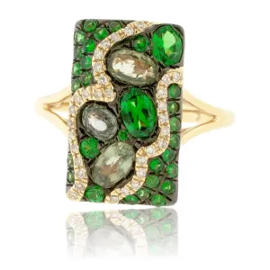 Green Sapphire, Diamond & Tsavorite Garnet Ring