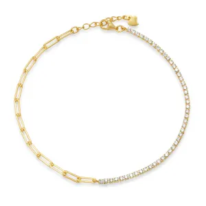 HALF & HALF PAPERCLIP/TENNIS CZ ANKLET, GOLD