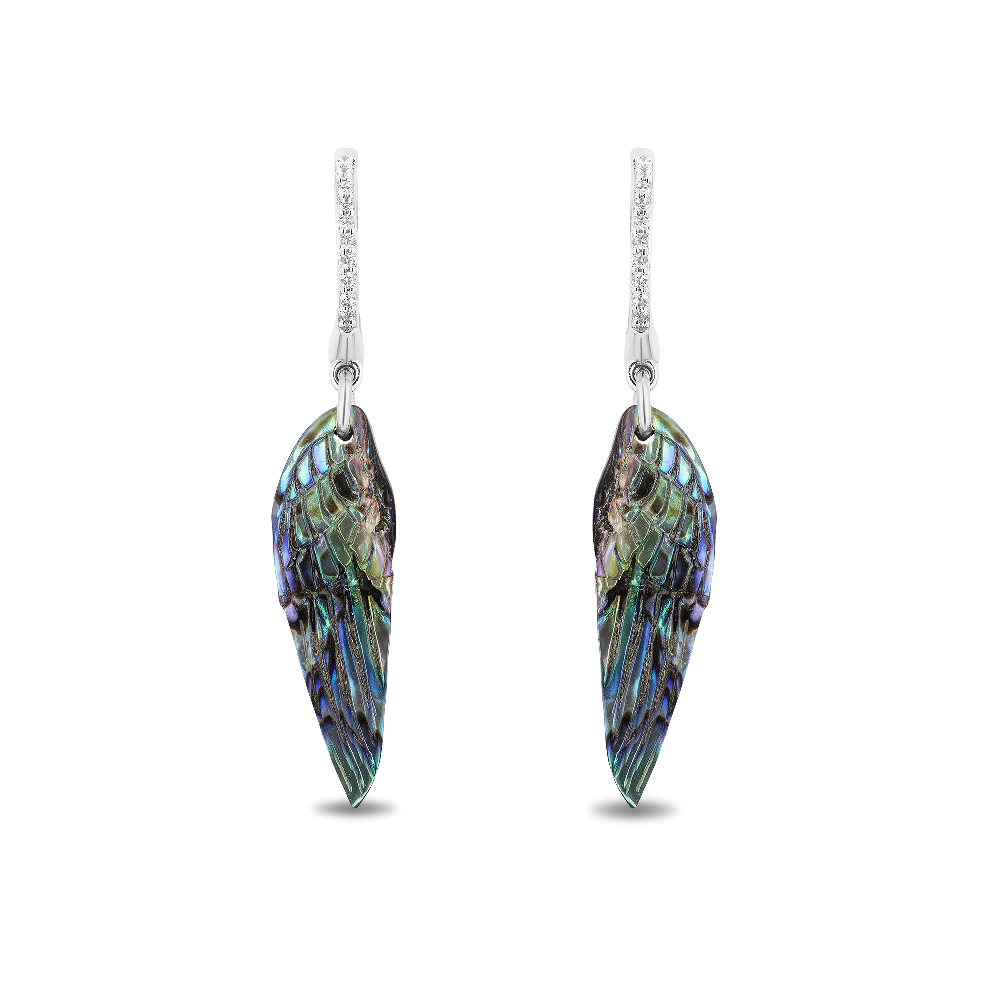 Hallmark Fine Jewelry Wing Drop Earrings in Aurora Borealis Blue Carved Mother of Pearl and Sterling Silver with Diamonds