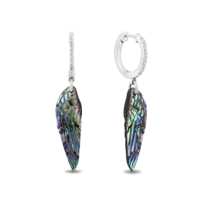 Hallmark Fine Jewelry Wing Drop Earrings in Aurora Borealis Blue Carved Mother of Pearl and Sterling Silver with Diamonds