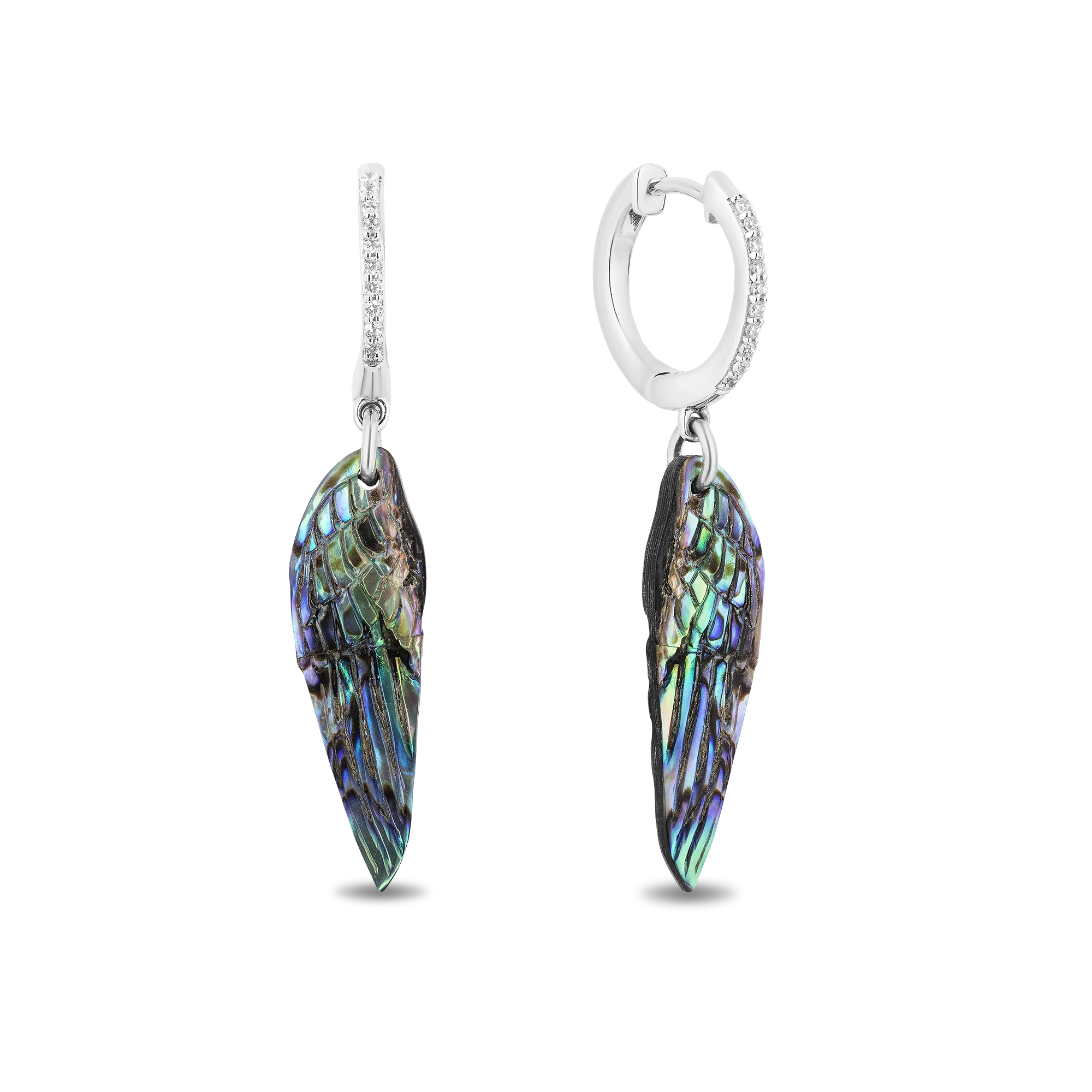 Hallmark Fine Jewelry Wing Drop Earrings in Aurora Borealis Blue Carved Mother of Pearl and Sterling Silver with Diamonds