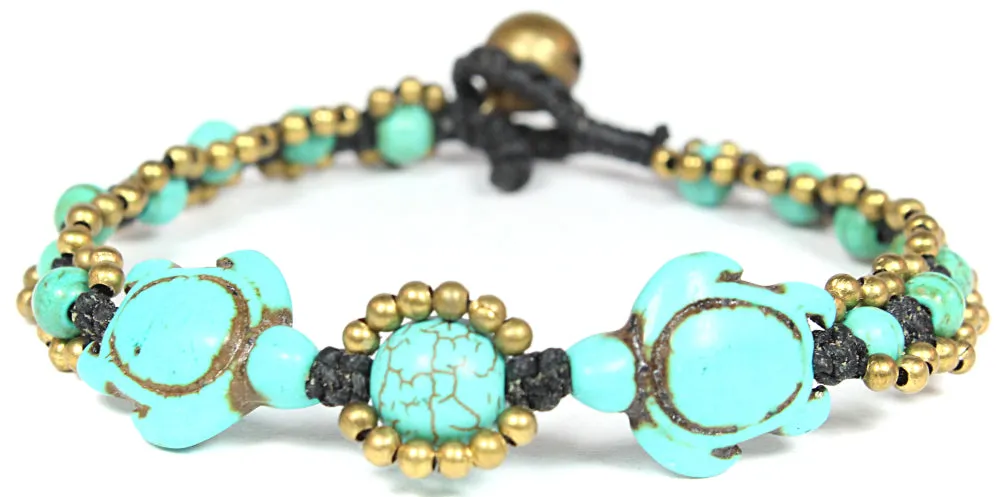 Handmade macramé bracelet with carved stone turtles