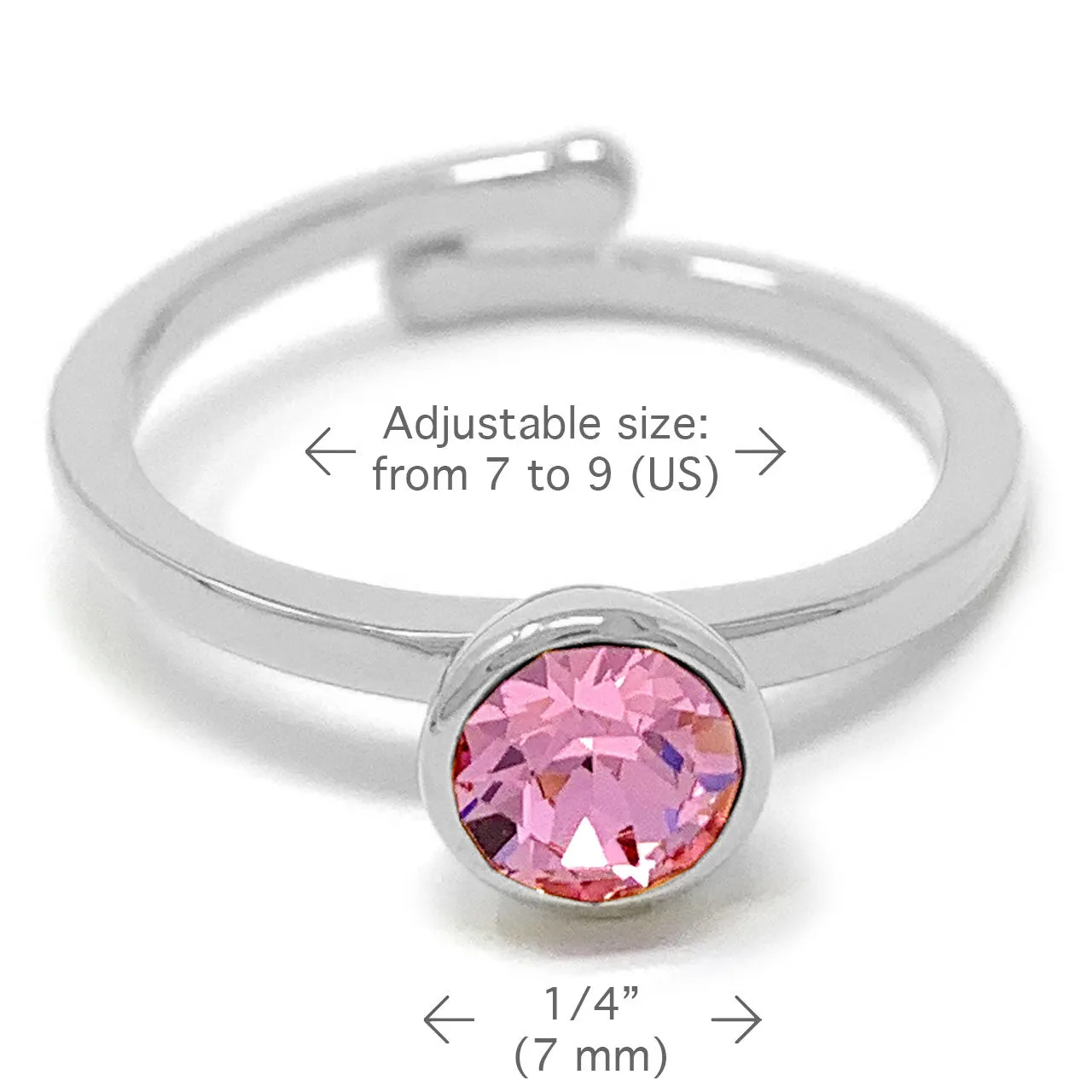 Harley Adjustable Ring with Pink Light Rose Round Crystals from Swarovski Silver Toned Rhodium Plated