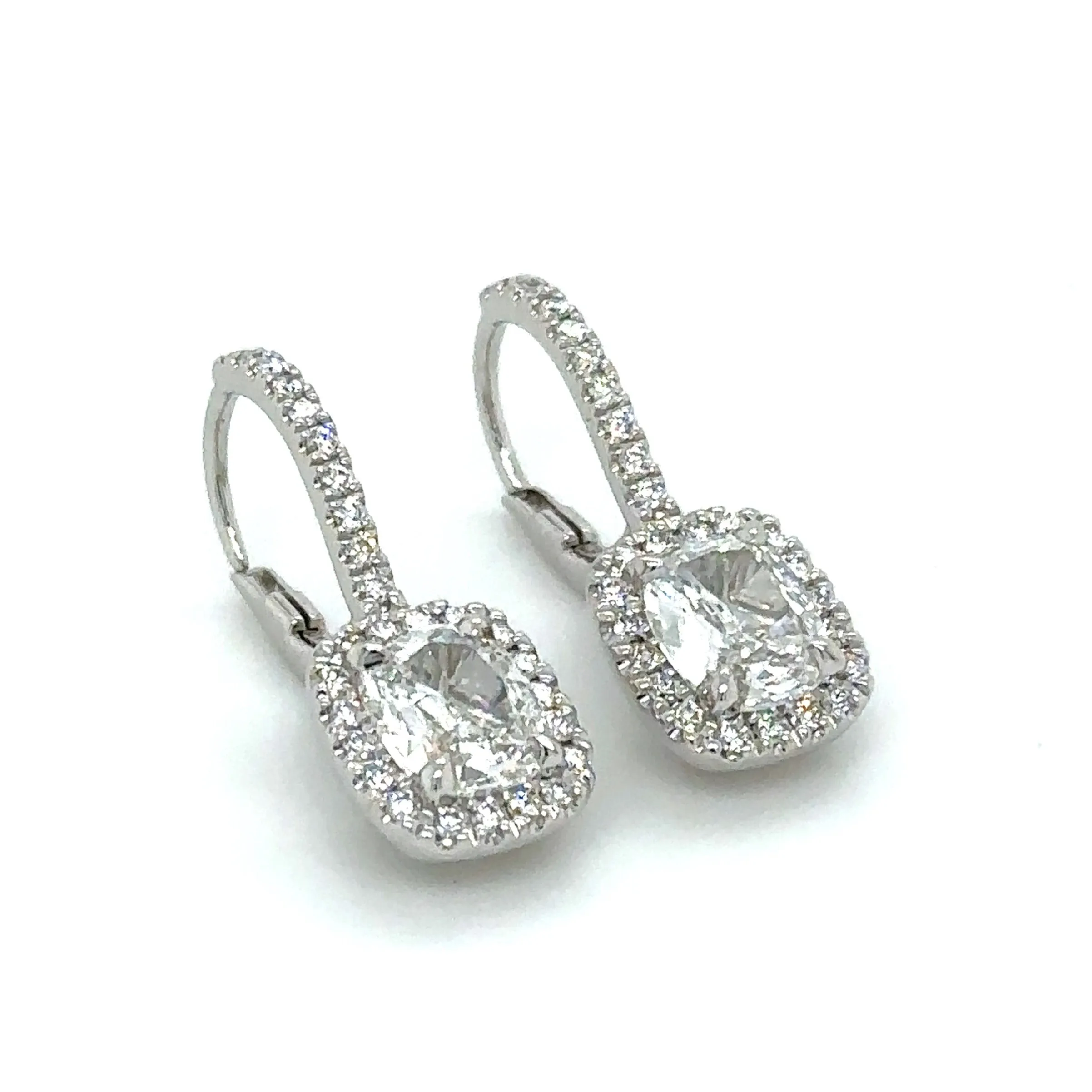 Henri Daussi Signed 1.86ct tw Cushion Cut with Halo Diamond Drop Earrings
