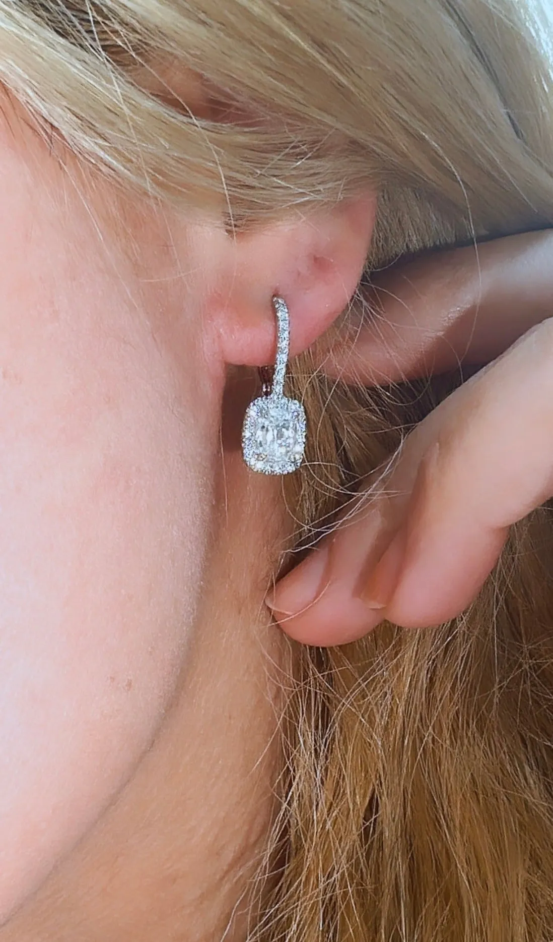Henri Daussi Signed 1.86ct tw Cushion Cut with Halo Diamond Drop Earrings