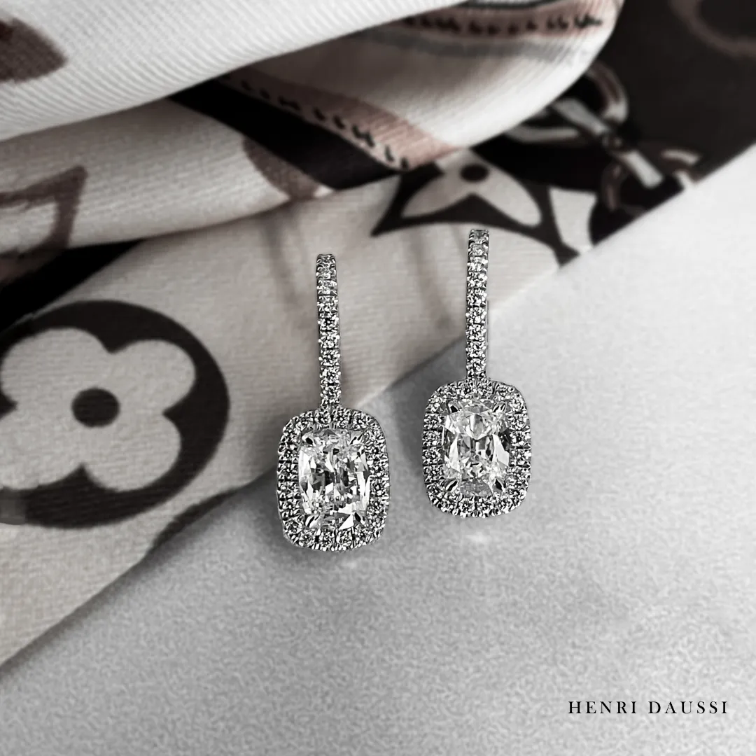 Henri Daussi Signed 2.62ct tw Cushion Cut with Halo Diamond Drop Earrings