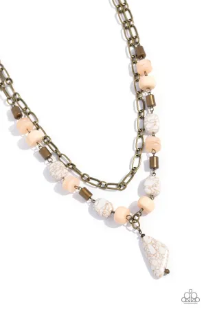 High-End Habitat - Brass - Peach Bead White Stone Tiered Paparazzi Short Necklace