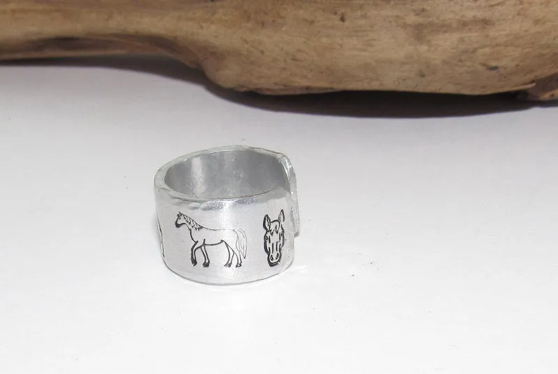 Horse lover Adjustable stamped ring, barn aluminum ring, inspiration rings, adjustable silver ring, stamped jewelry,
