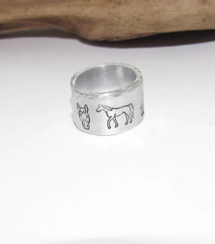 Horse lover Adjustable stamped ring, barn aluminum ring, inspiration rings, adjustable silver ring, stamped jewelry,