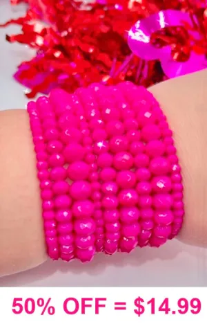 Hot Pink 9 stack crystal beaded stretch bracelets