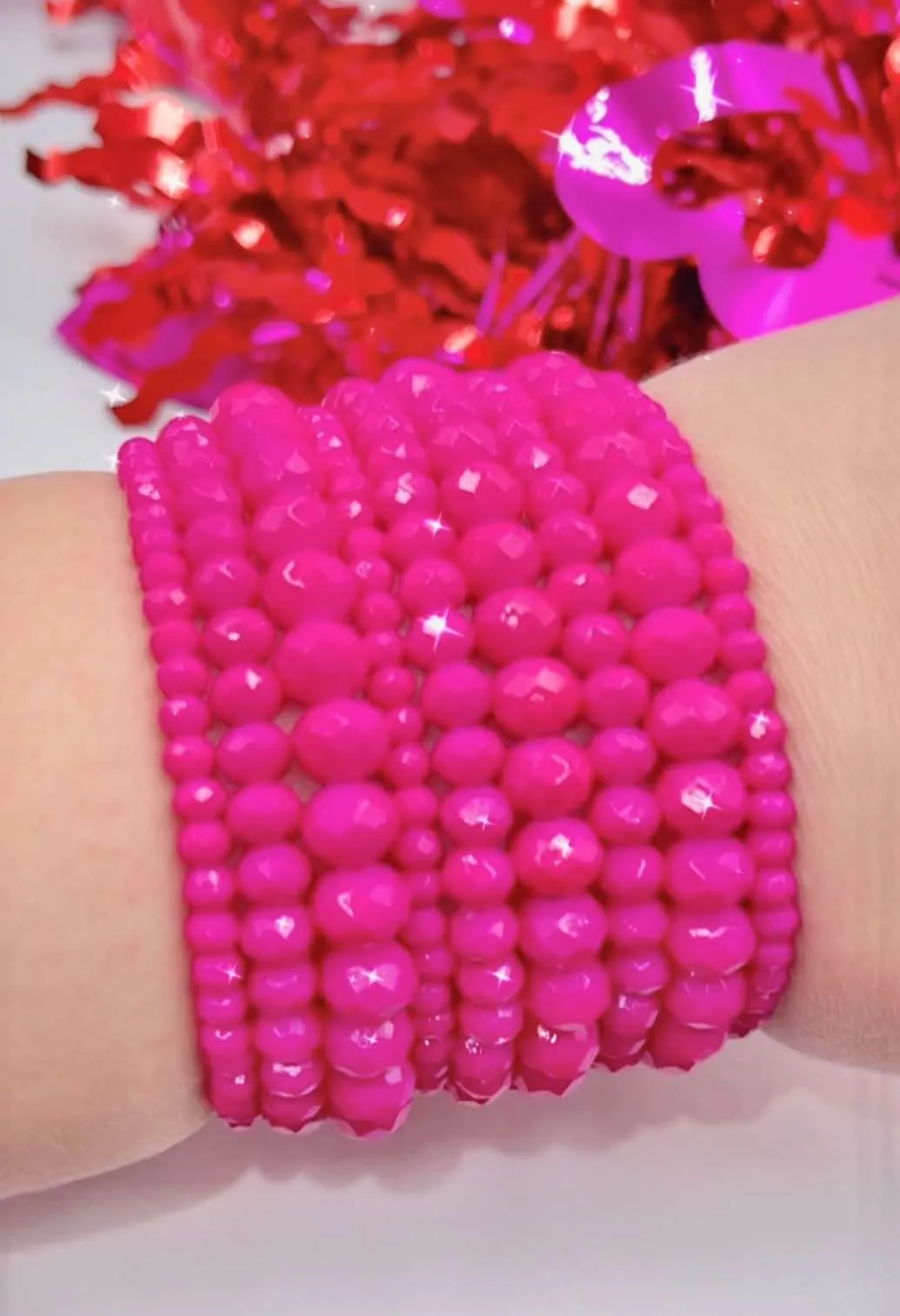 Hot Pink 9 stack crystal beaded stretch bracelets