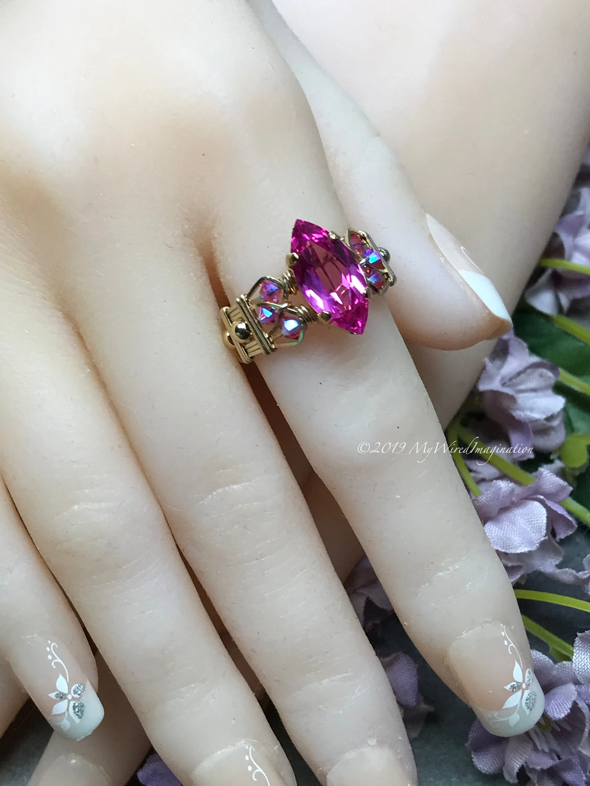 Hot Pink Sapphire Ring, Lab Created Sapphire, Genuine Swarovski Crystals, 14K GF, US Size 8