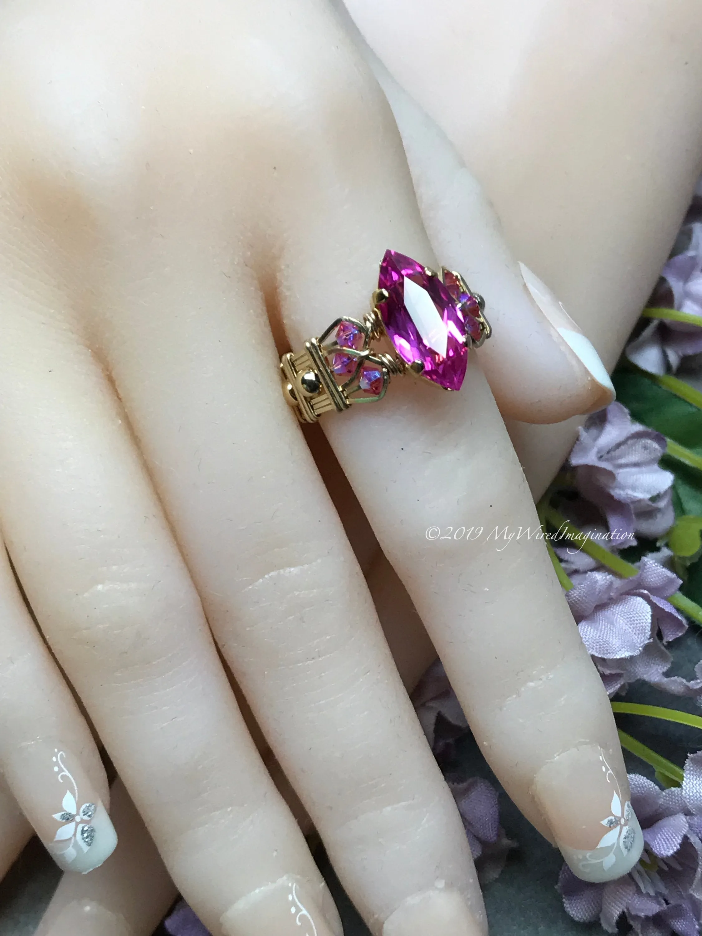 Hot Pink Sapphire Ring, Lab Created Sapphire, Genuine Swarovski Crystals, 14K GF, US Size 8