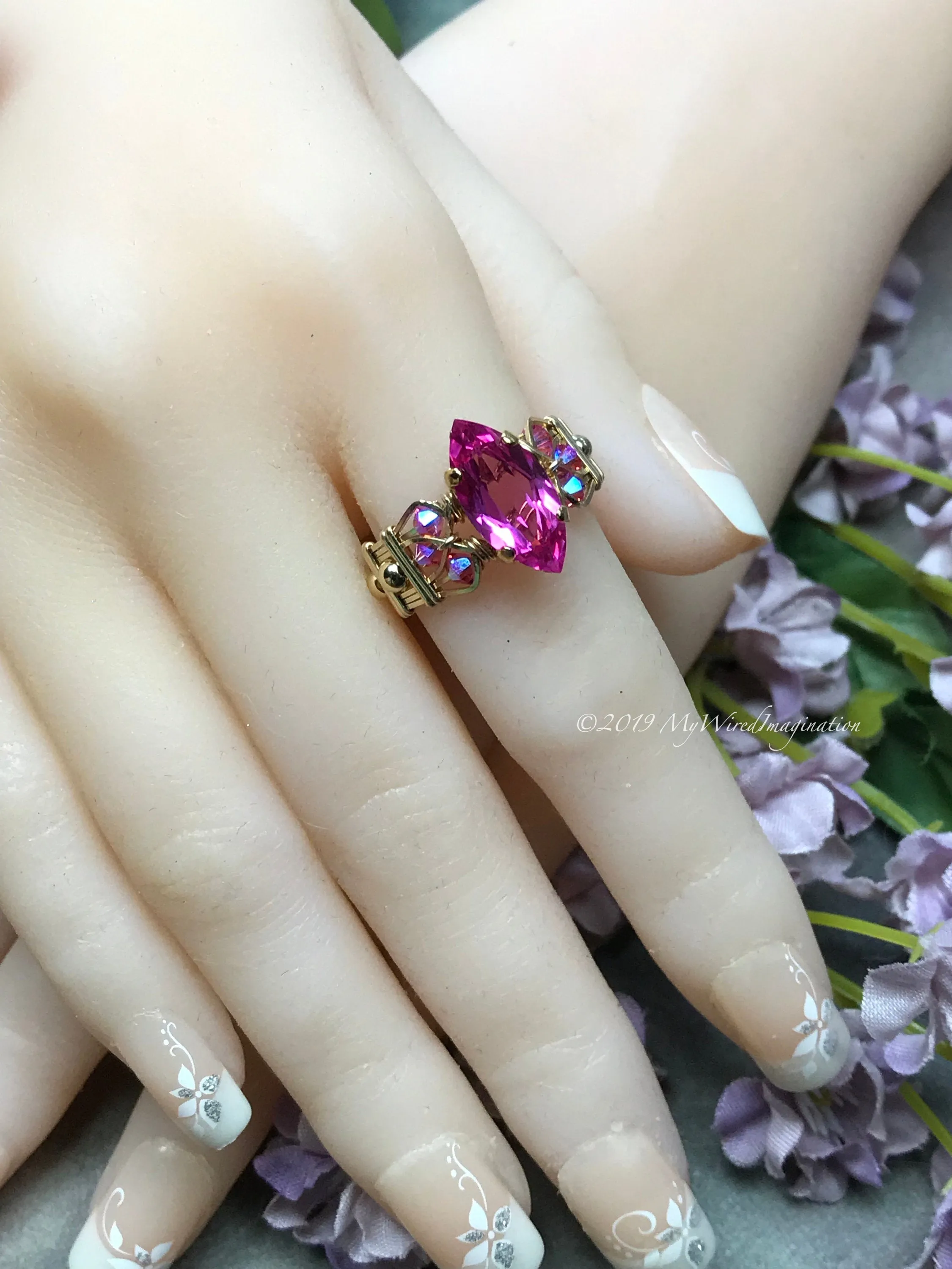 Hot Pink Sapphire Ring, Lab Created Sapphire, Genuine Swarovski Crystals, 14K GF, US Size 8