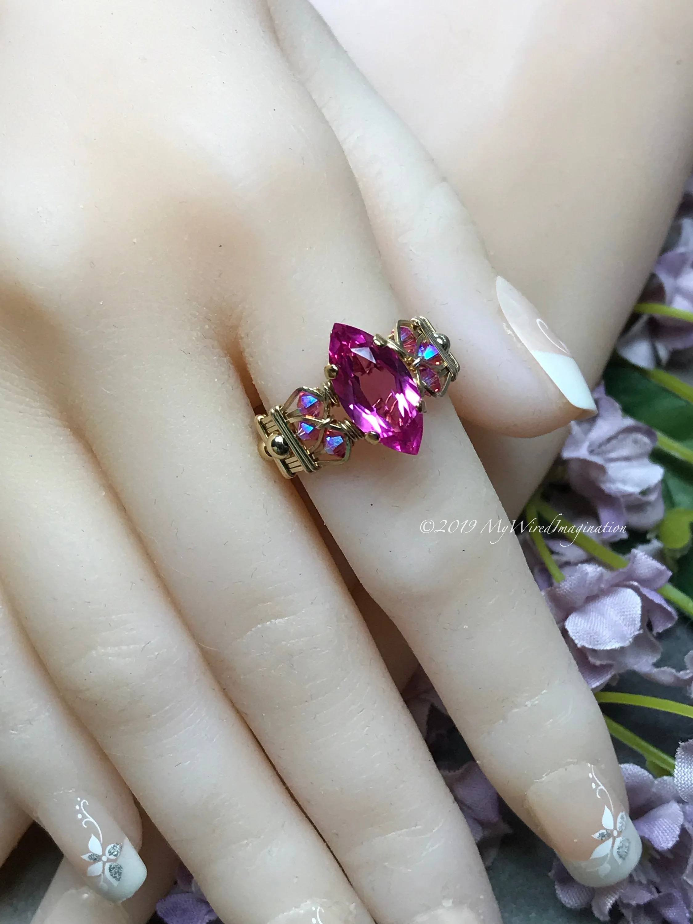 Hot Pink Sapphire Ring, Lab Created Sapphire, Genuine Swarovski Crystals, 14K GF, US Size 8
