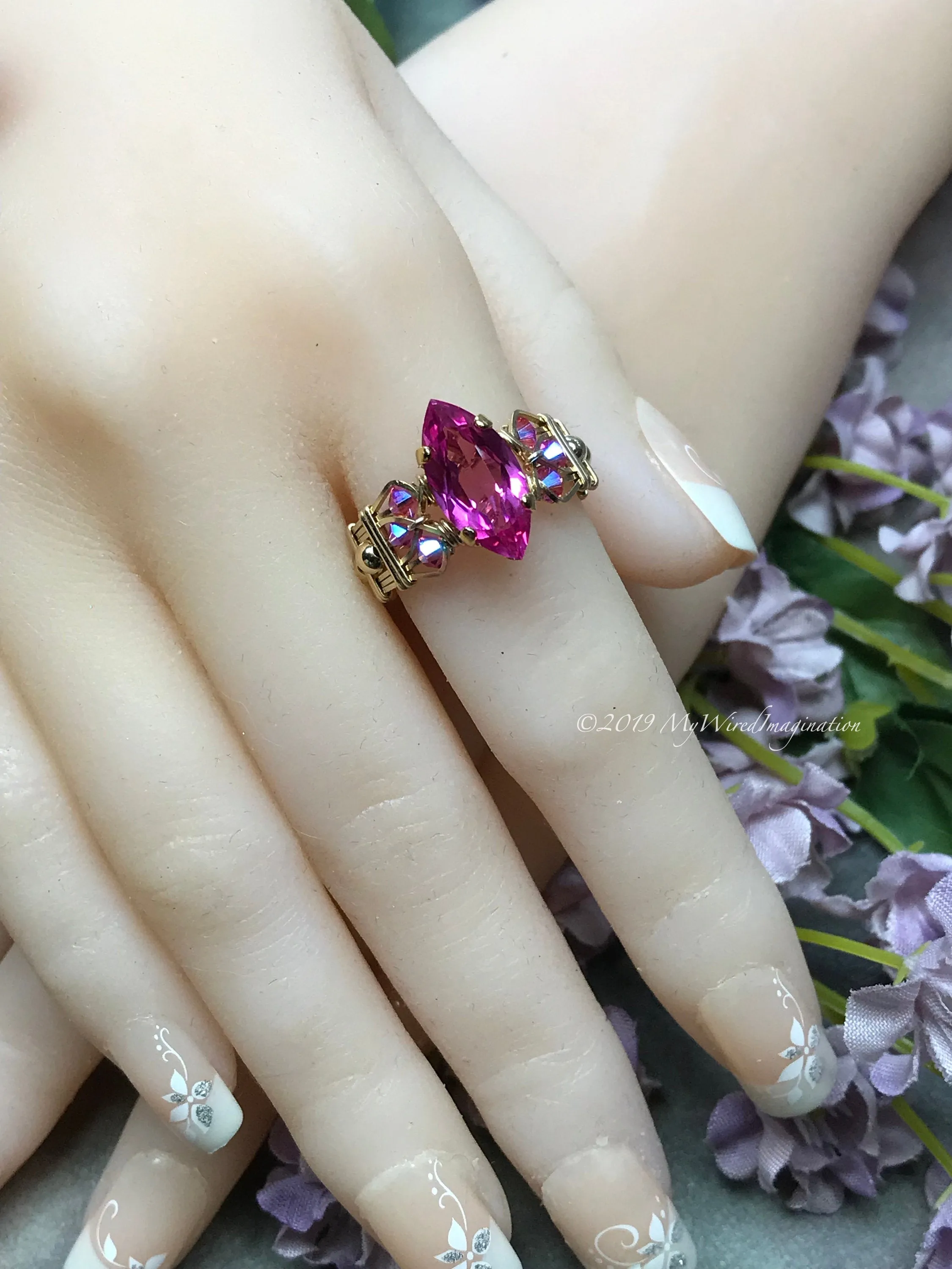 Hot Pink Sapphire Ring, Lab Created Sapphire, Genuine Swarovski Crystals, 14K GF, US Size 8