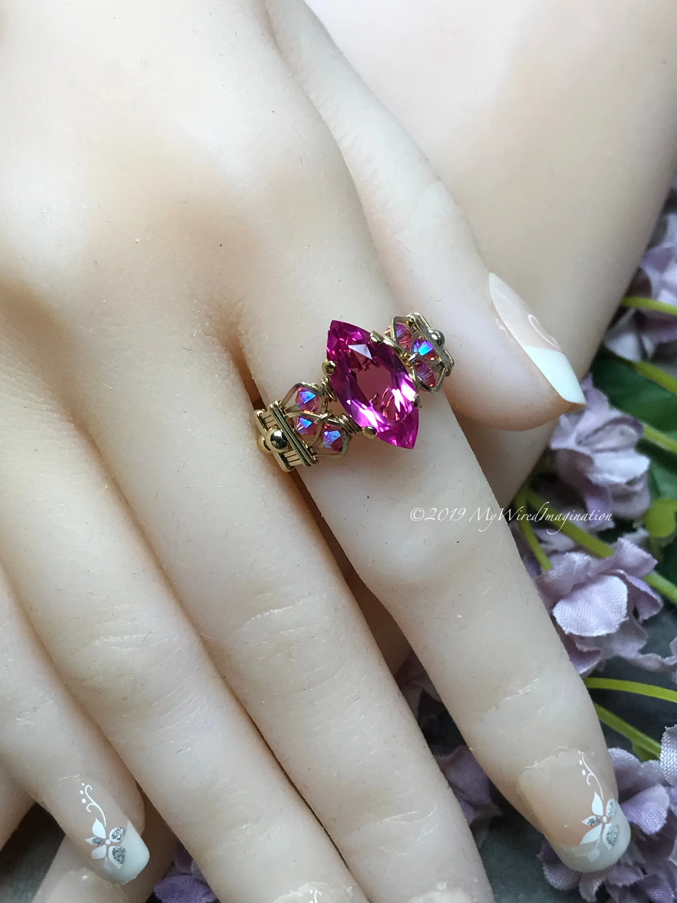 Hot Pink Sapphire Ring, Lab Created Sapphire, Genuine Swarovski Crystals, 14K GF, US Size 8