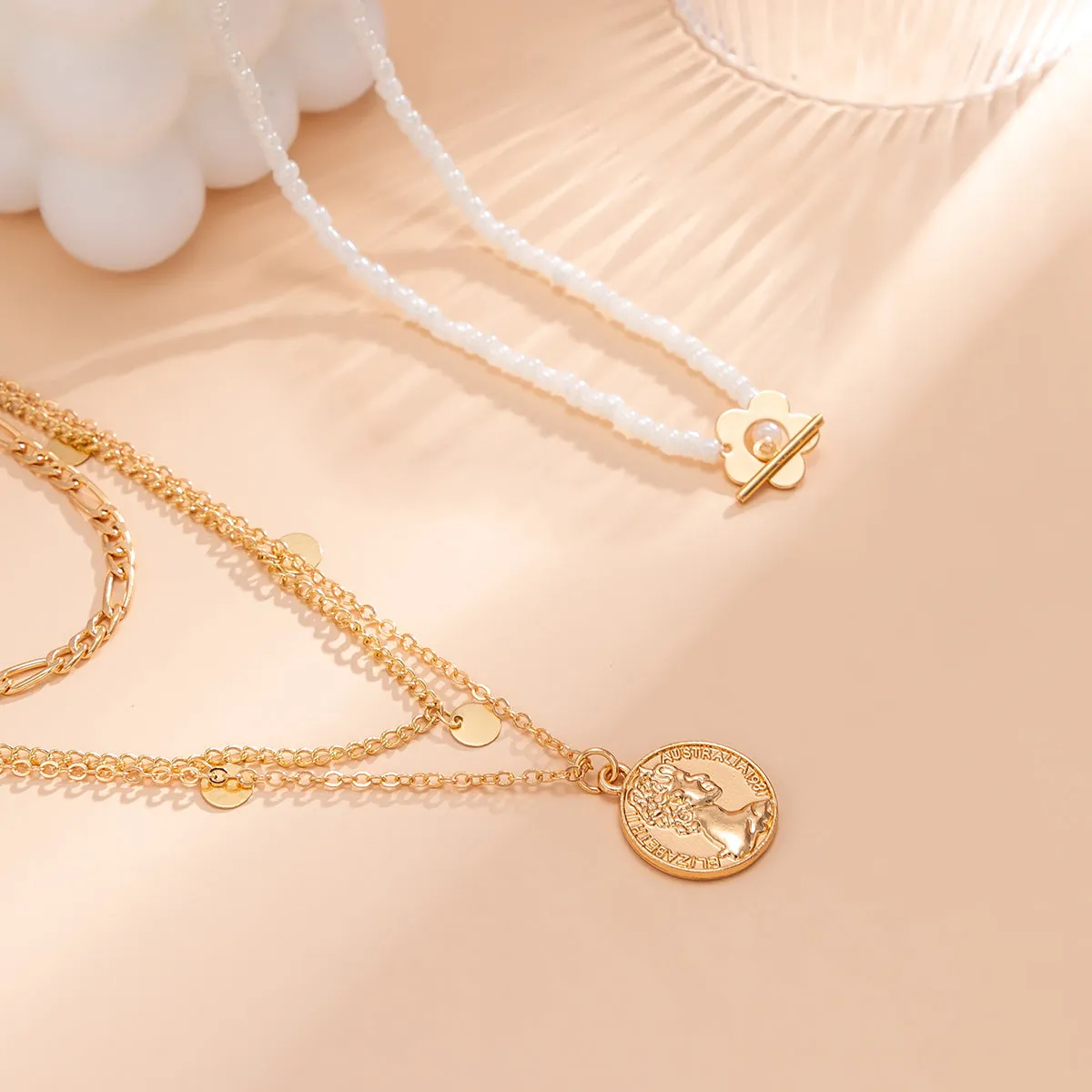 Howlite & 18K Gold-Plated Flower Coin Pendant Necklace Set
