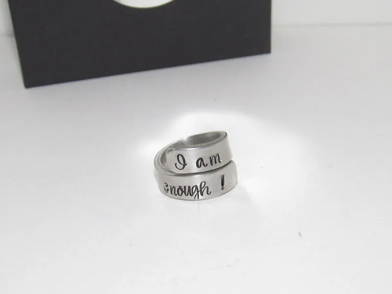 I am enough pewter wrap ring, daily inspiration rings, pewter wrap ring, stamped jewelry , personalized rings, custom rings