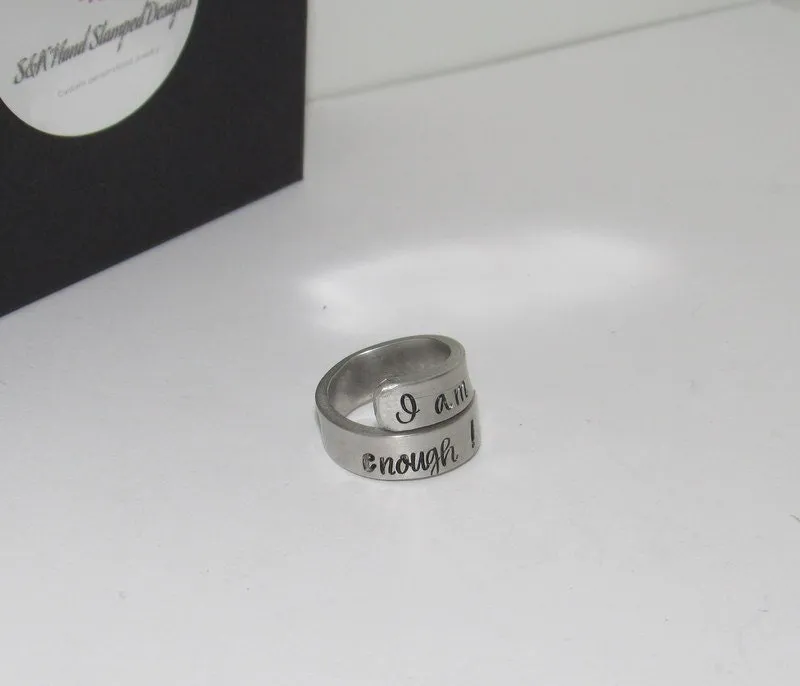 I am enough pewter wrap ring, daily inspiration rings, pewter wrap ring, stamped jewelry , personalized rings, custom rings
