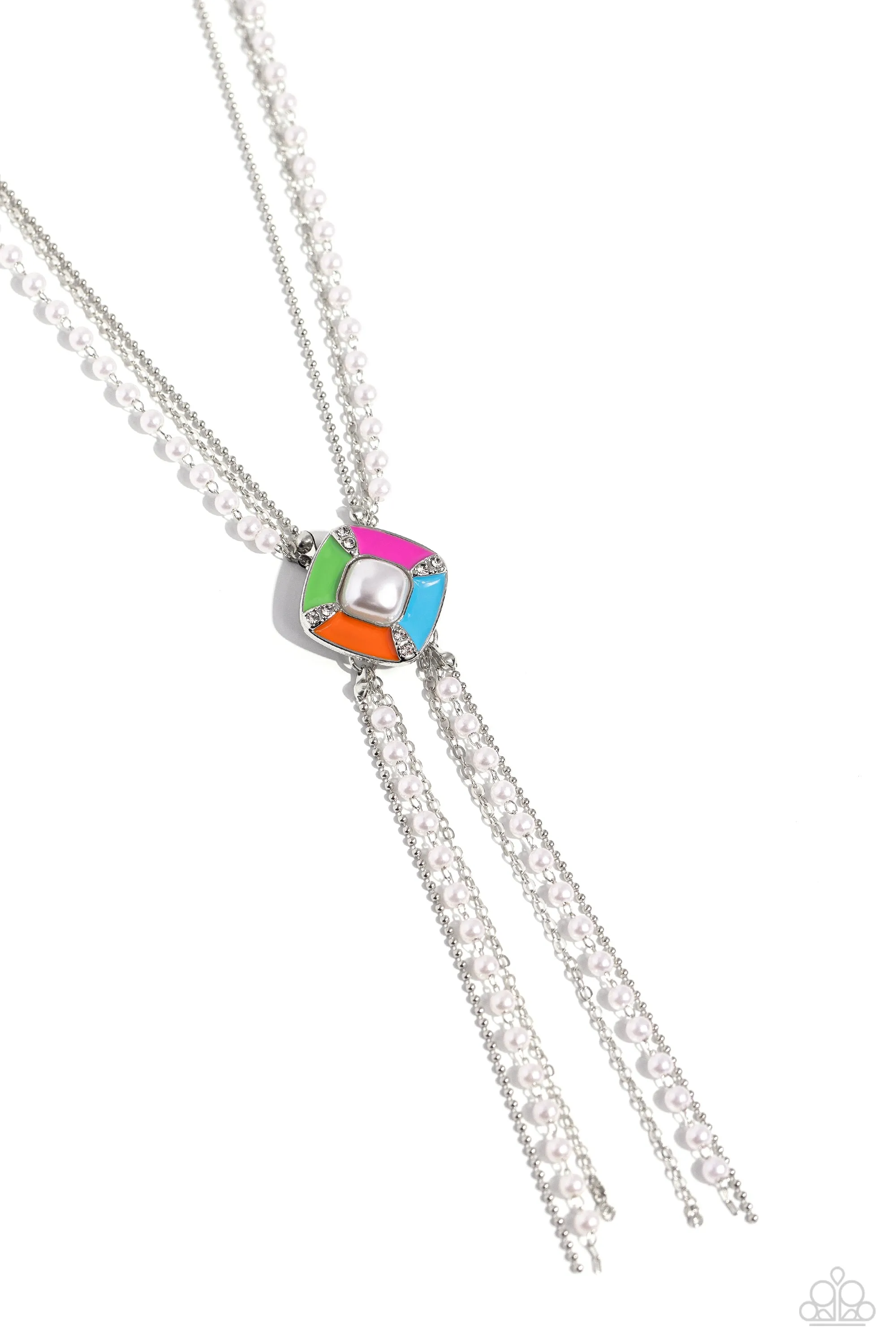 I Pinky SQUARE - Multi - Pearl and Silver Chain Painted Square Pendant Paparazzi Short Necklace