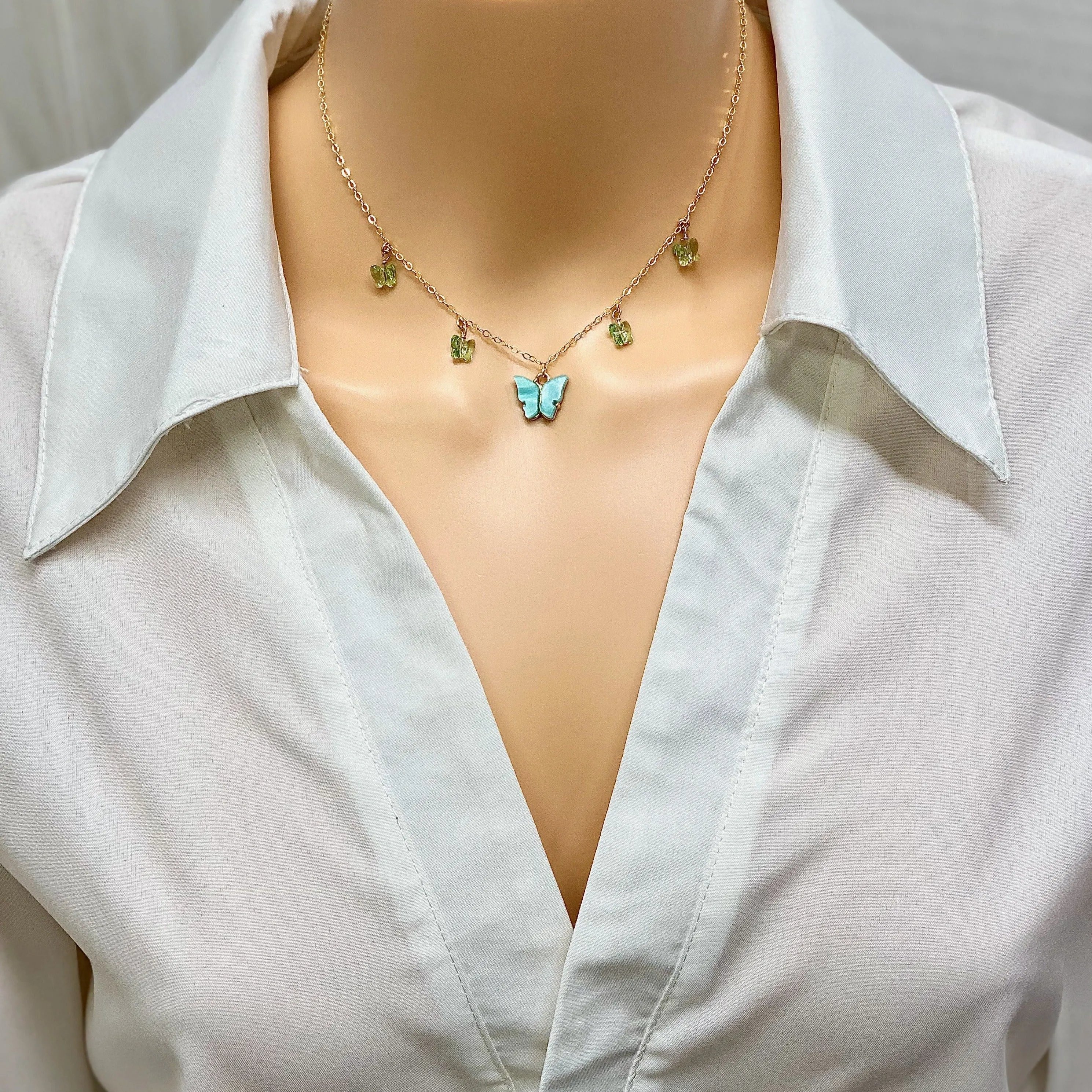 Ice Blue Peridot Butterfly Choker 14K Gold Necklace